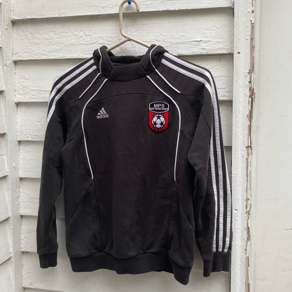 🏷️ Adidas Black and White Soccer Pullover Hoodie White Stripes